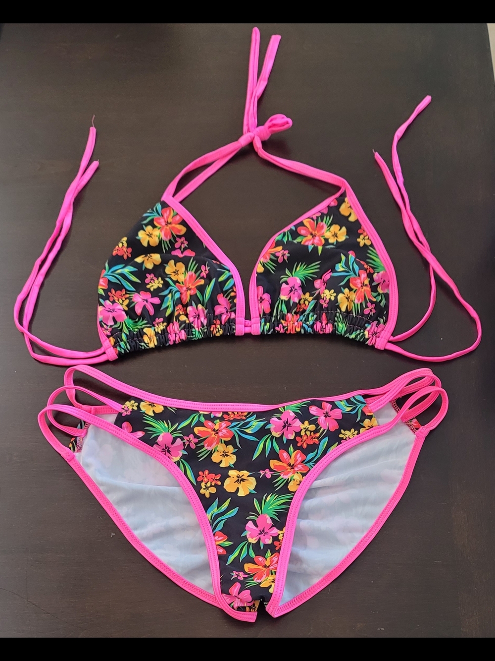 Dare Me Bikini Black Floral Bikini with Hot Pink Trim